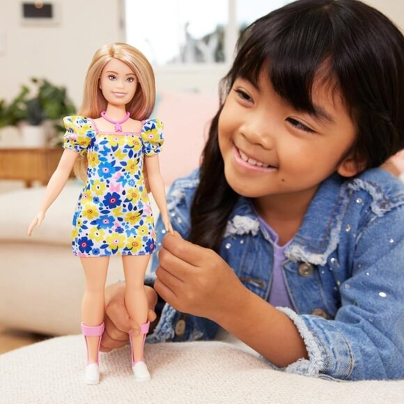 NEW Barbie Doll with Down Syndrome, long blonde hair, floral dress, Pink AFO - Picture 3 of 7